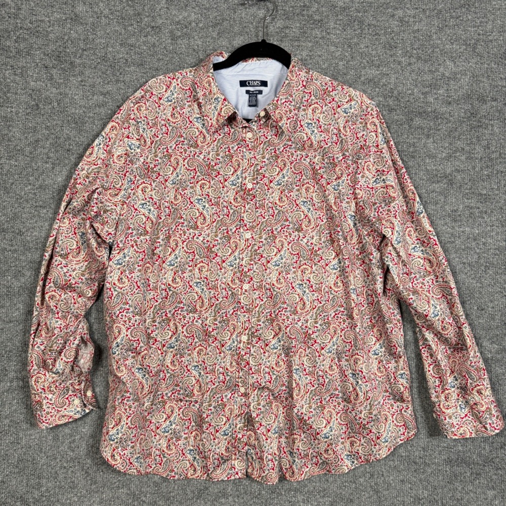Chaps Plus Size 1X Paisley Button Up Shirt Blouse Red Beige Cotton Long Sleeves